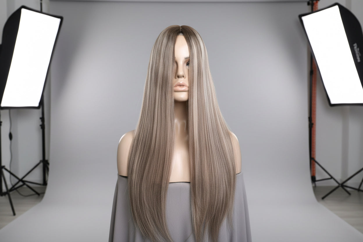 26" 8X8" European Human Hair Topper, Light Brown Rooted Blonde Balayage,Realistic Scalp