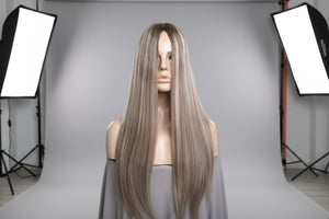 26" 8X8" European Human Hair Topper, Light Brown Rooted Blonde Balayage,Realistic Scalp