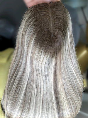 26" 8X8" European Human Hair Topper, Light Brown Rooted Blonde Balayage,Realistic Scalp