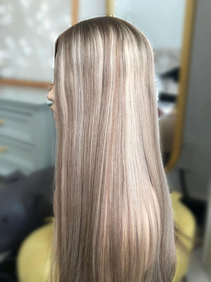 26" 8X8" European Human Hair Topper, Light Brown Rooted Blonde Balayage,Realistic Scalp