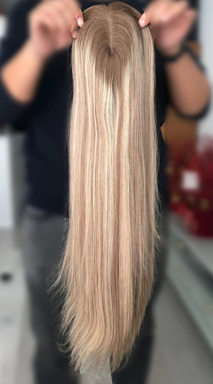 26" 8X8" European Human Hair Topper, Light Brown Rooted Blonde Balayage,Realistic Scalp