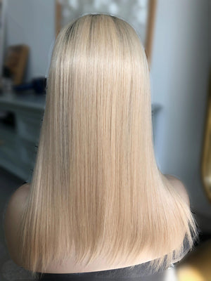 Stock 16" Silk Parted Lace Hair Topper,5.5X6" Light Brown Rooted Blonde Toupee