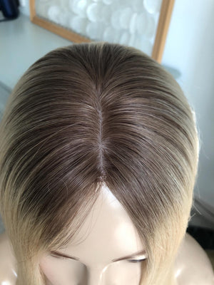 Stock 16" Silk Parted Lace Hair Topper,5.5X6" Light Brown Rooted Blonde Toupee