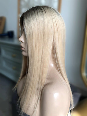 Stock 16" Silk Parted Lace Hair Topper,5.5X6" Light Brown Rooted Blonde Toupee