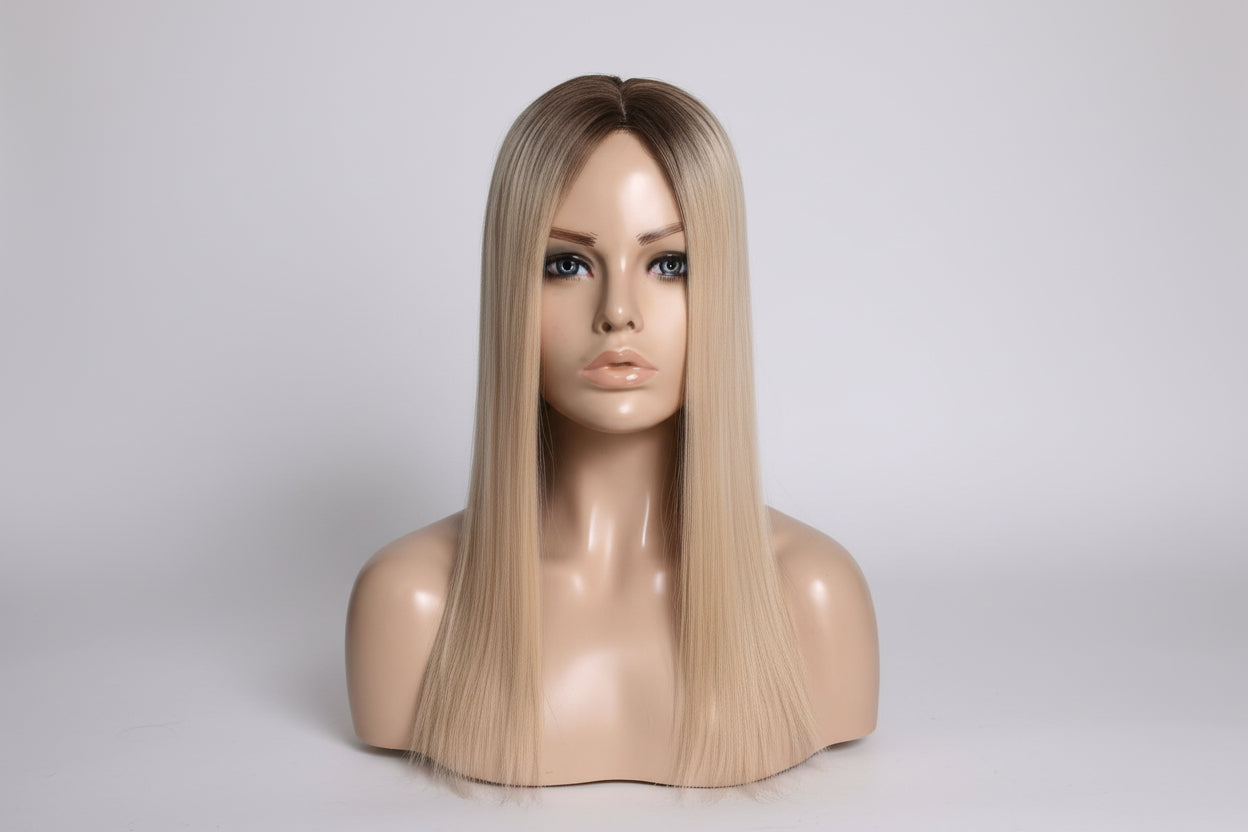 Stock 16" Silk Parted Lace Hair Topper,5.5X6" Light Brown Rooted Blonde Toupee