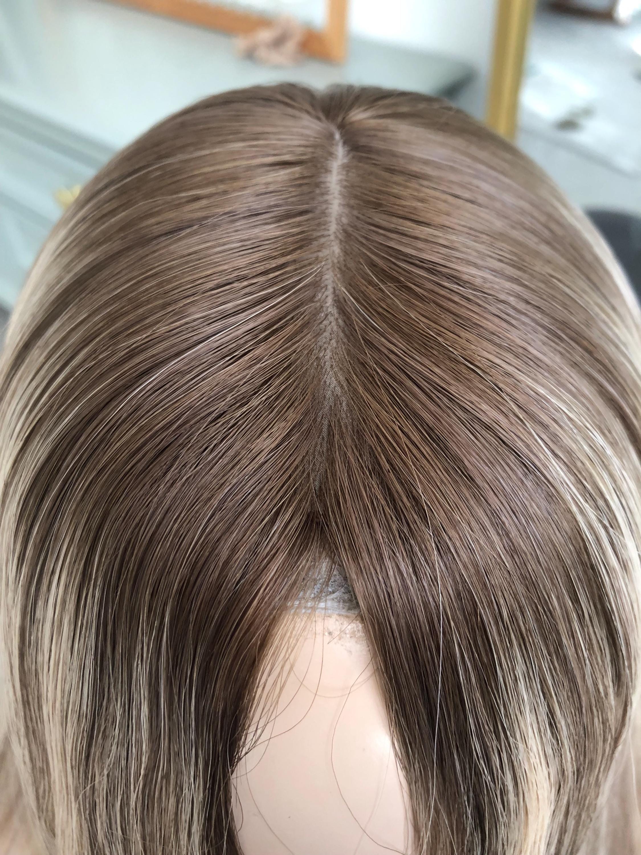 26" 8X8" European Human Hair Topper, Light Brown Rooted Blonde Balayage,Realistic Scalp