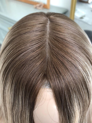 26" 8X8" European Human Hair Topper, Light Brown Rooted Blonde Balayage,Realistic Scalp