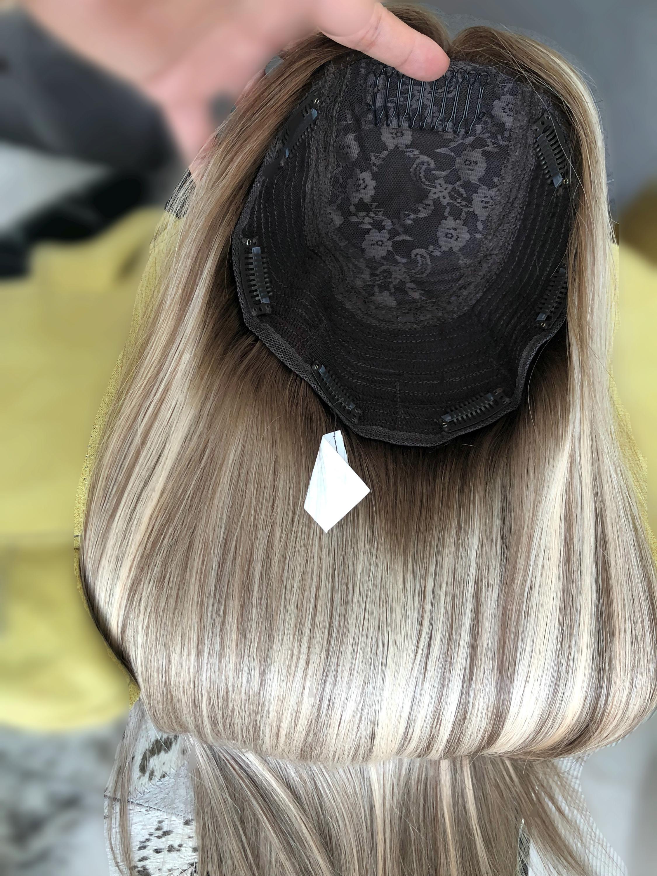 26" 8X8" European Human Hair Topper, Light Brown Rooted Blonde Balayage,Realistic Scalp