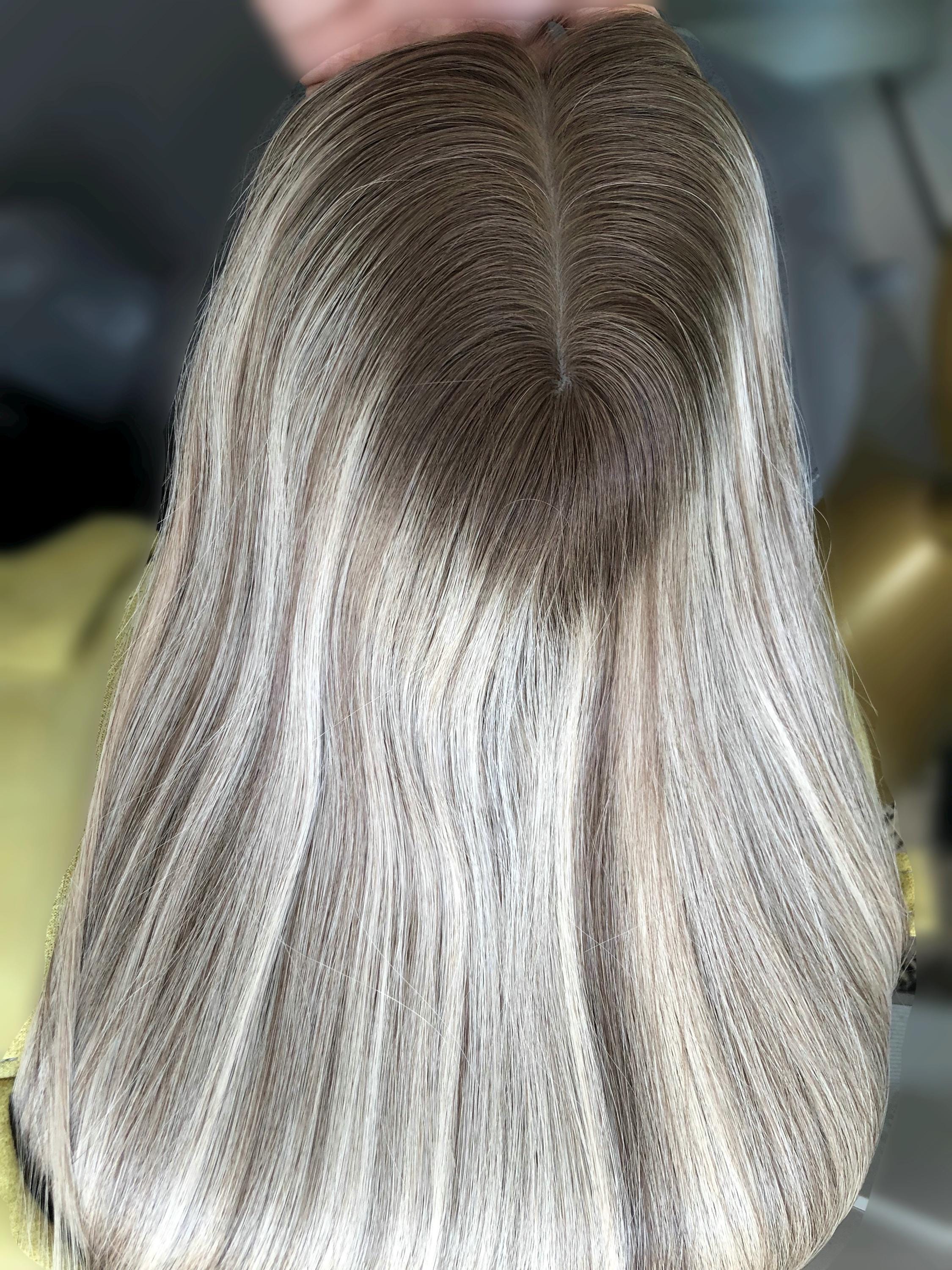 26" 8X8" European Human Hair Topper, Light Brown Rooted Blonde Balayage,Realistic Scalp