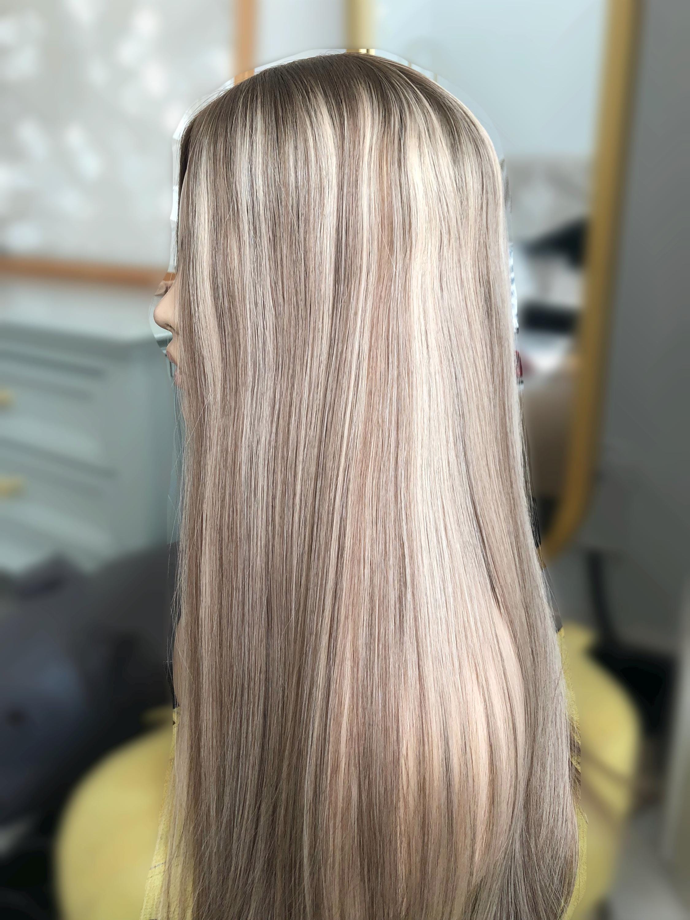 26" 8X8" European Human Hair Topper, Light Brown Rooted Blonde Balayage,Realistic Scalp