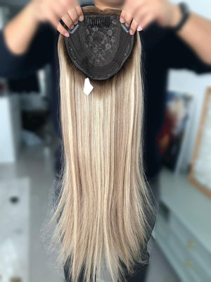 26" 8X8" European Human Hair Topper, Light Brown Rooted Blonde Balayage,Realistic Scalp