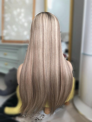 26" 8X8" European Human Hair Topper, Light Brown Rooted Blonde Balayage,Realistic Scalp