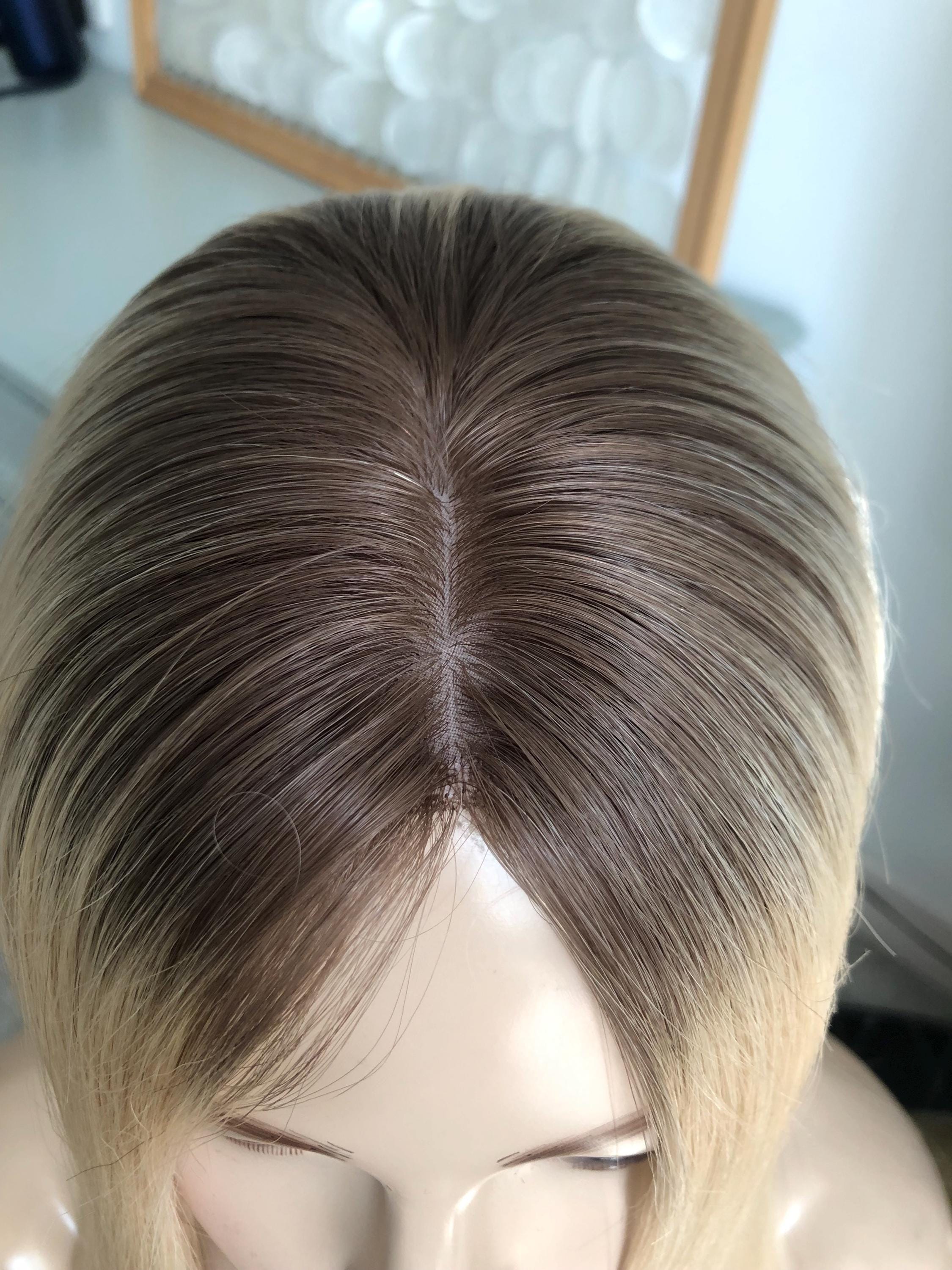 Stock 16" Silk Parted Lace Hair Topper,5.5X6" Light Brown Rooted Blonde Toupee