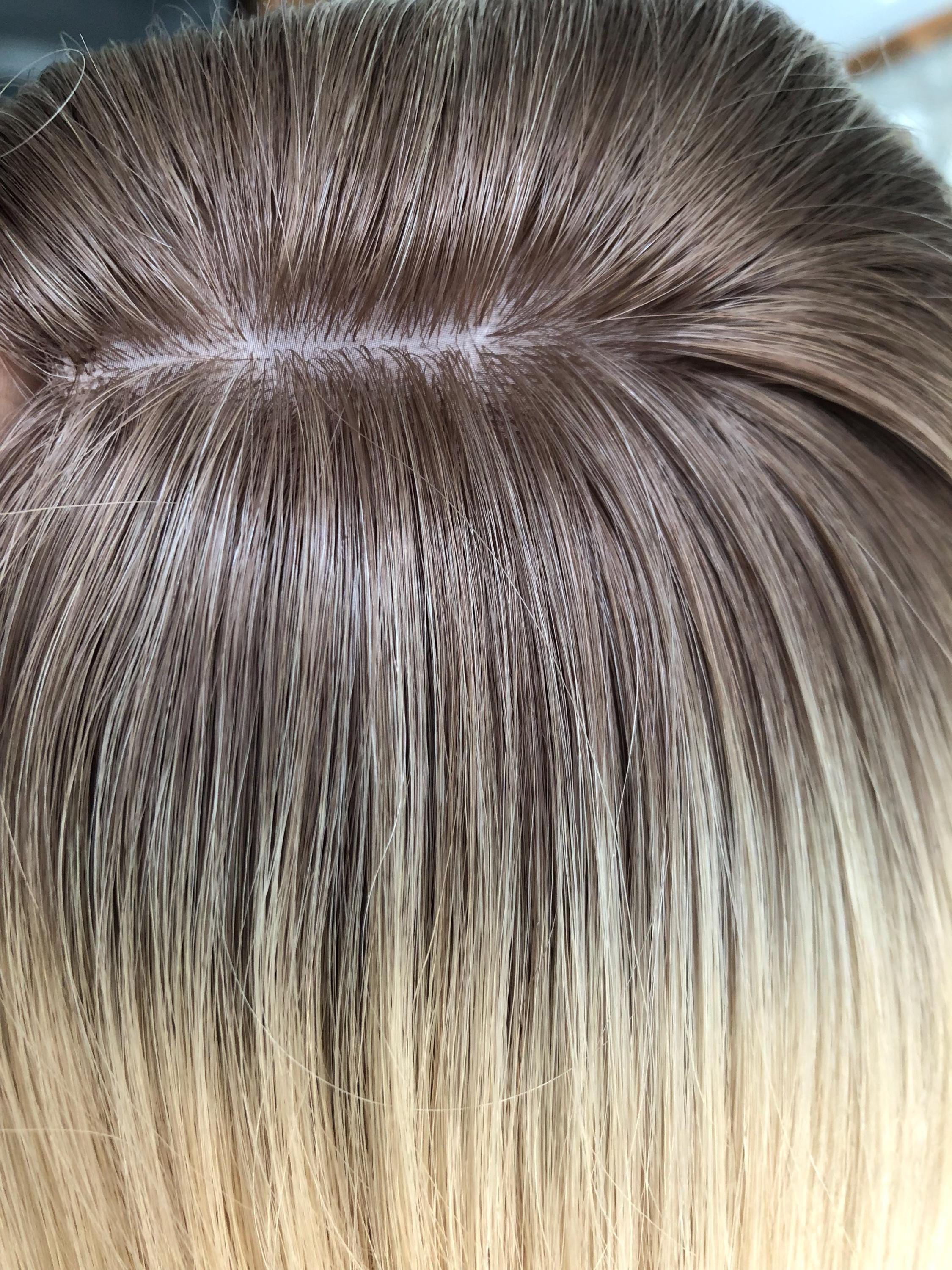 Stock 16" Silk Parted Lace Hair Topper,5.5X6" Light Brown Rooted Blonde Toupee