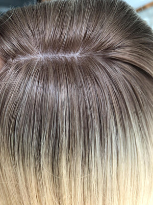 Stock 16" Silk Parted Lace Hair Topper,5.5X6" Light Brown Rooted Blonde Toupee