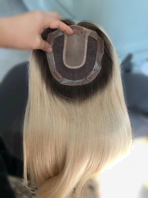 Stock 16" Silk Parted Lace Hair Topper,5.5X6" Light Brown Rooted Blonde Toupee