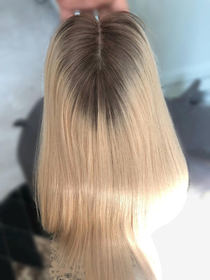 Stock 16" Silk Parted Lace Hair Topper,5.5X6" Light Brown Rooted Blonde Toupee