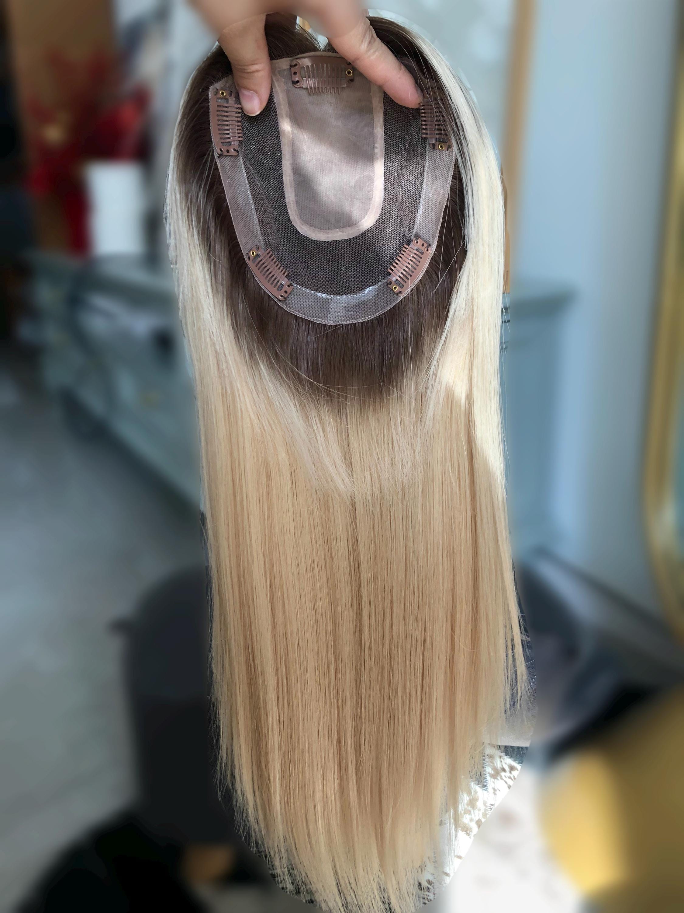 Stock 16" Silk Parted Lace Hair Topper,5.5X6" Light Brown Rooted Blonde Toupee