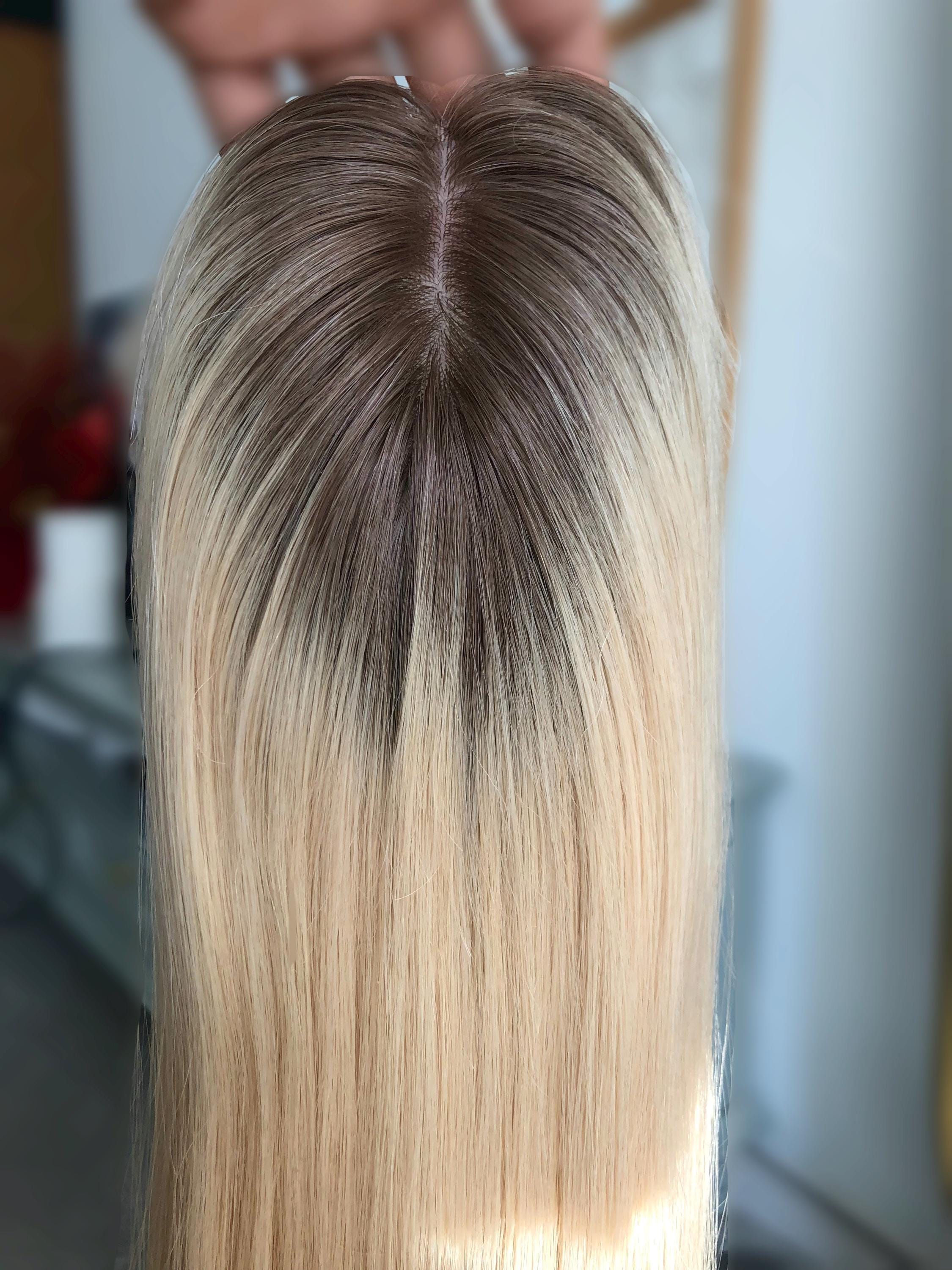 Stock 16" Silk Parted Lace Hair Topper,5.5X6" Light Brown Rooted Blonde Toupee